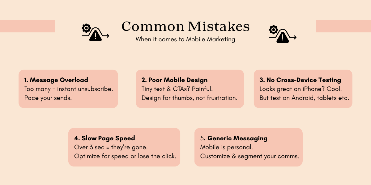 An infographic detailing five common mobile marketing mistakes with brief descriptions for each mistake.