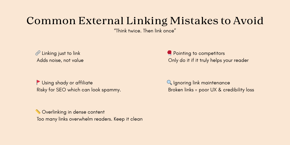 Text graphic outlining common external linking mistakes to avoid, with tips on proper linking practices for better SEO and user experience.