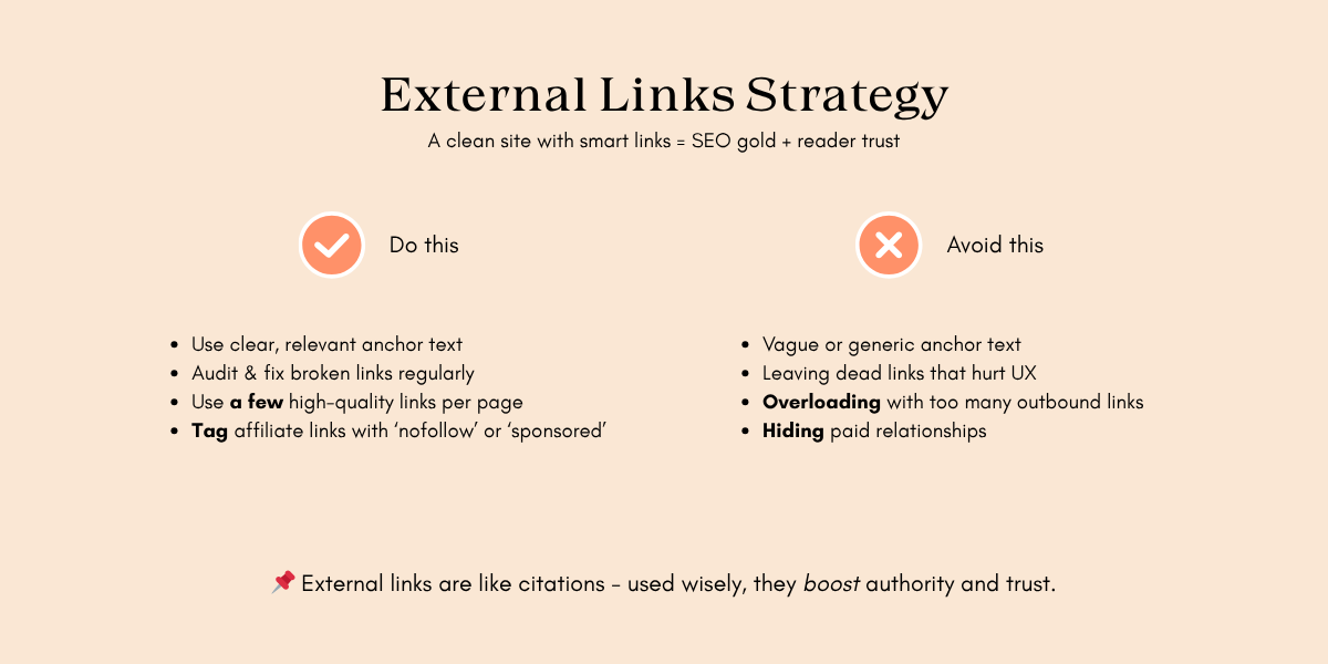 Infographic on best practices for external link strategies, highlighting dos and don'ts for SEO and user trust.