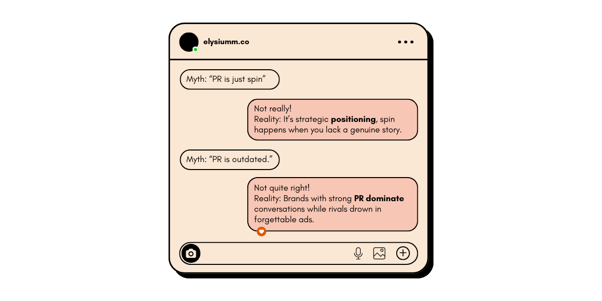 Text conversation addressing common PR myths, highlighting the importance of strategic positioning and the relevance of strong PR in branding.