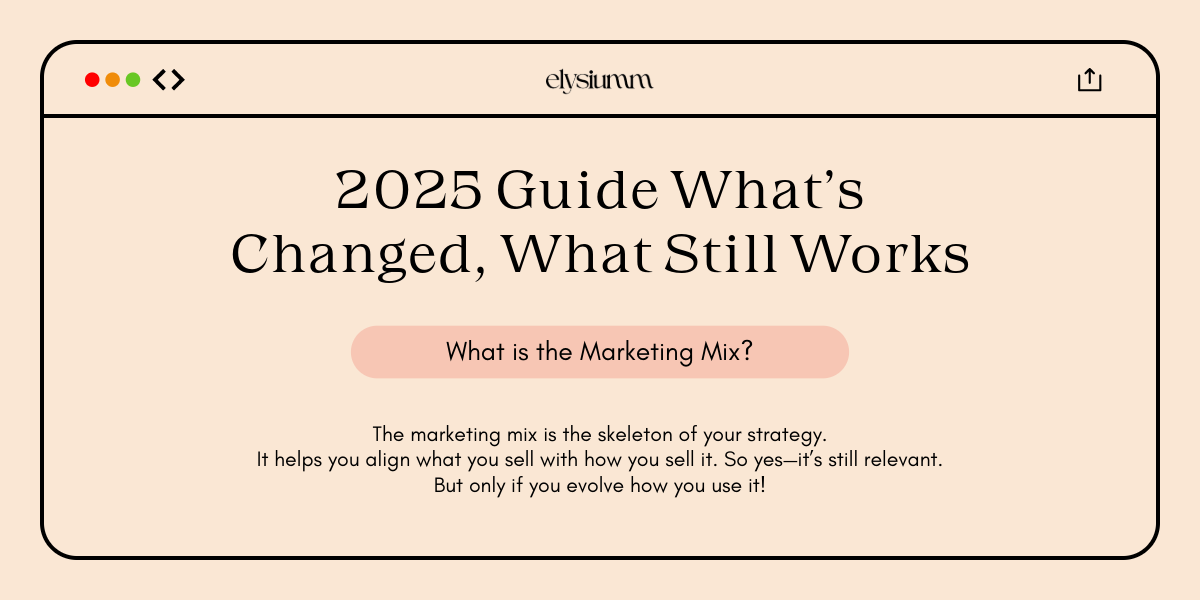 A digital guide titled "2025 Guide: What's Changed, What Still Works," explaining the relevance of the marketing mix in strategy.