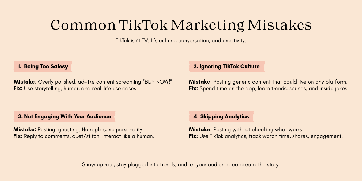 'Common TikTok Marketing Mistakes' lists four points: 1. Being Too Salesy, 2. Ignoring TikTok Culture, 3. Not Engaging With Your Audience, 4. Skipping Analytics. Each mistake is followed by a suggested fix focused on storytelling, engagement, trend awareness, and using analytics. The tone emphasizes authenticity and creativity.