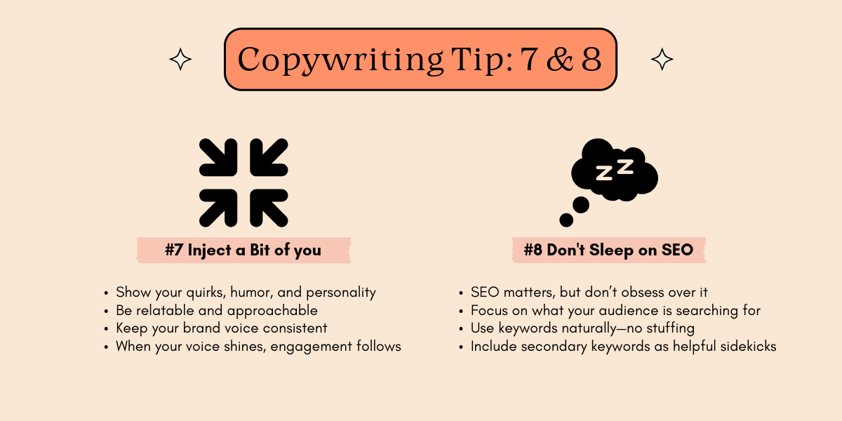 A graphic highlighting copywriting tips 7 and 8: infuse personality and prioritize SEO without overdoing it, on a soft peach background.