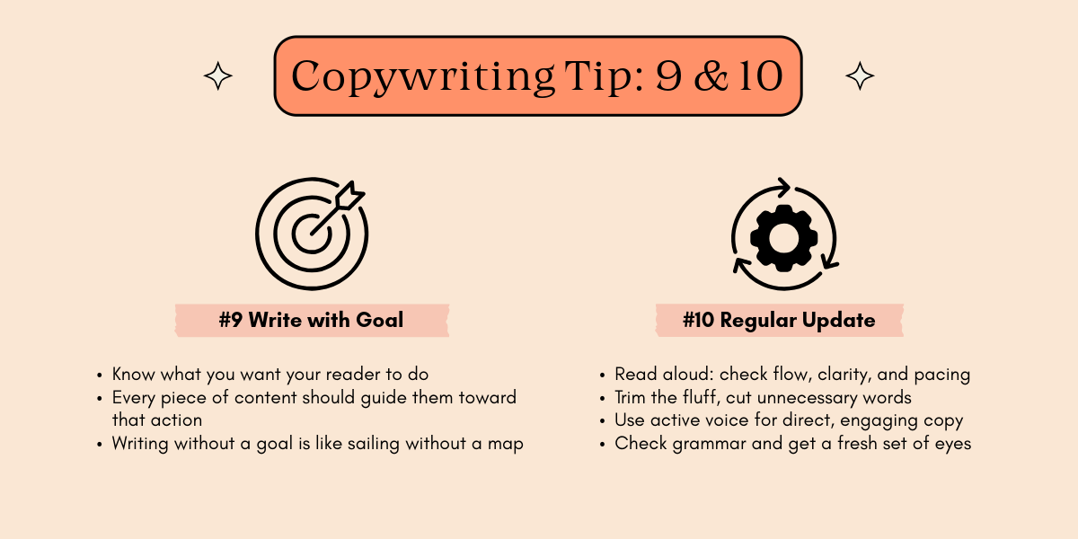 Visual guide outlining copywriting tips #9 and #10: writing with a goal and regularly updating content for clarity and engagement.