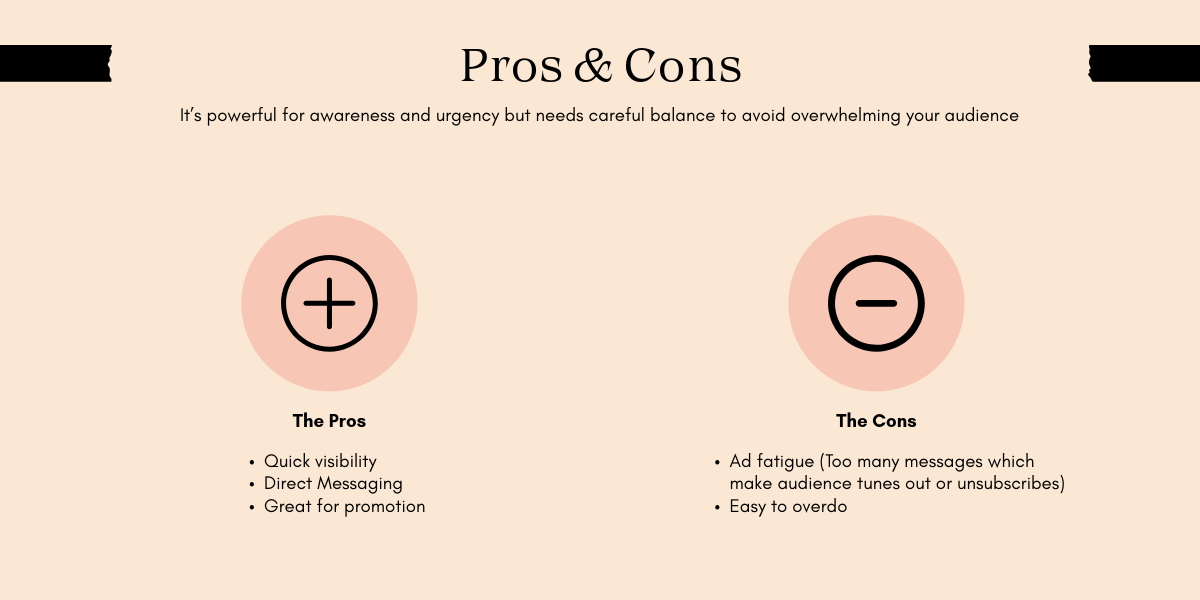 Illustration outlining pros (visibility, direct messaging, promotion) and cons (ad fatigue, overwhelming) of a marketing strategy.